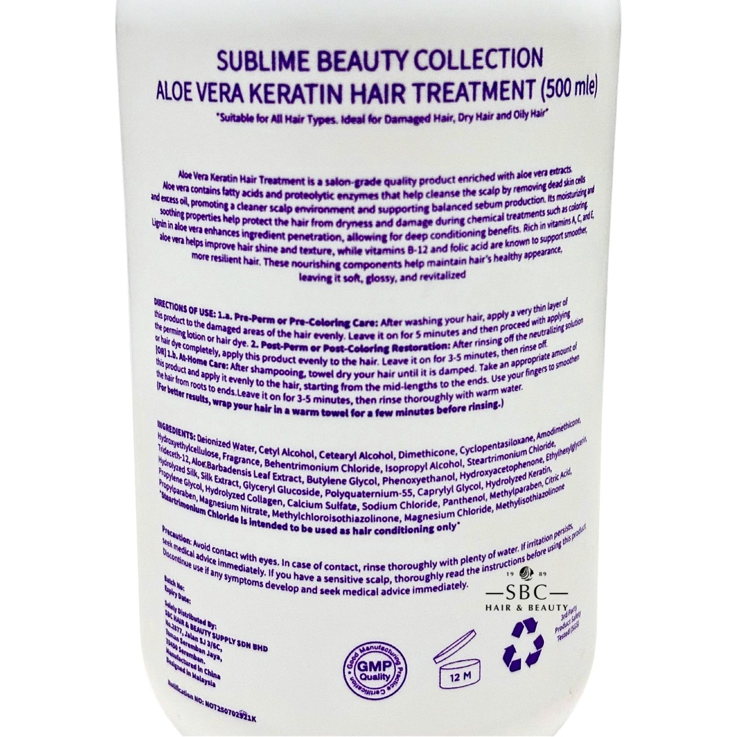 SUBLIME BEAUTY COLLECTION ALOE VERA KERATIN HAIR TREATMENT 500ML