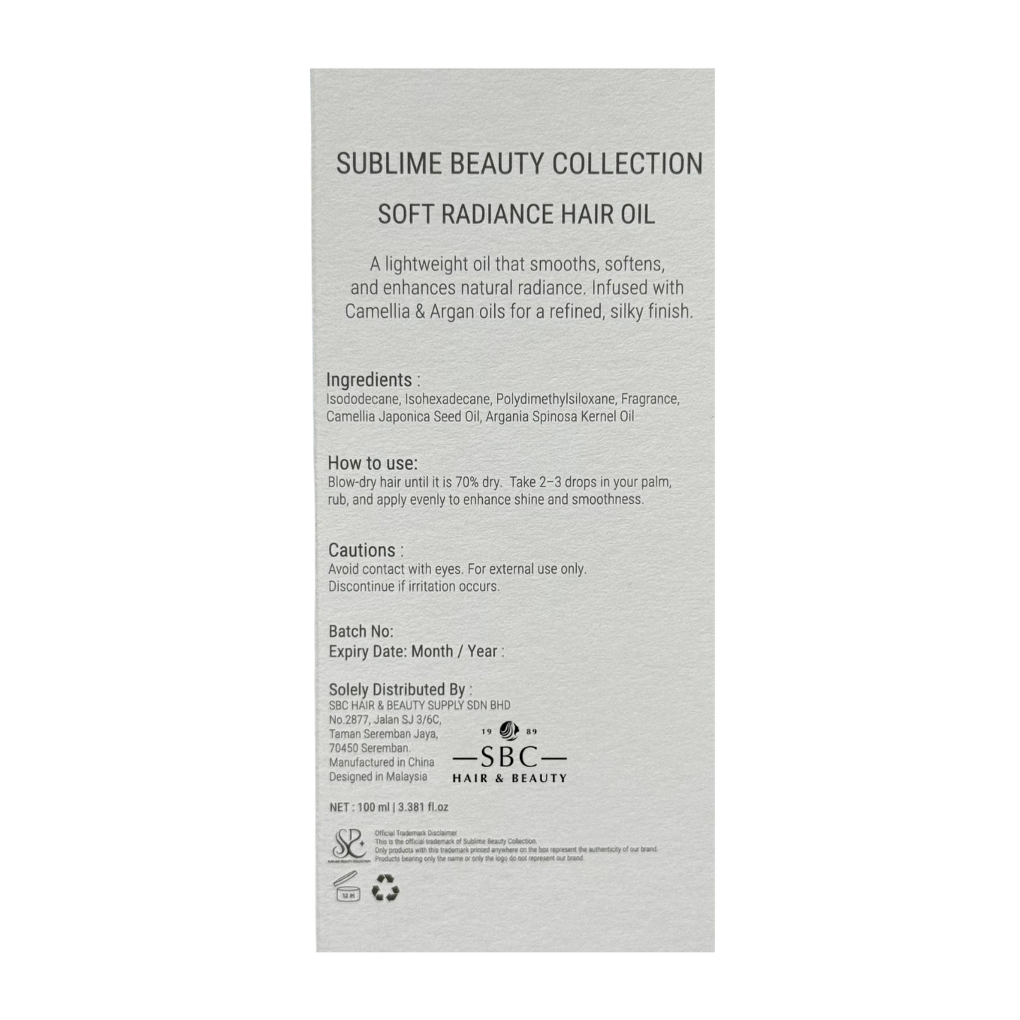 SUBLIME BEAUTY COLLECTION SOFT RADIANCE HAIR OIL 100 ML